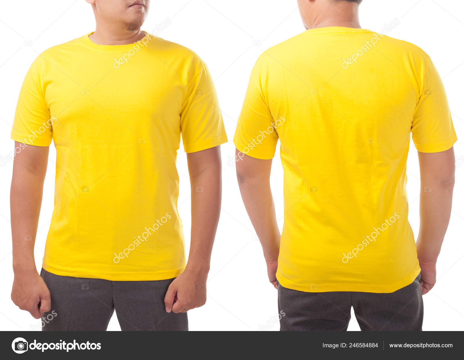 Download Yellow Shirt Mock Front Back View Isolated White Male Model Stock Photo C Airdone 246584884 PSD Mockup Templates