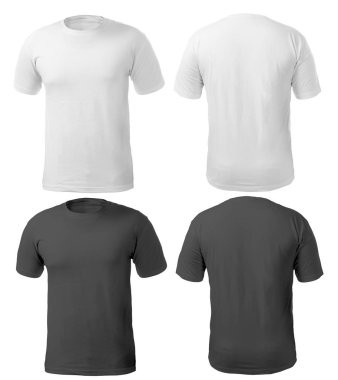 Boş siyah ve beyaz gömlek şablonu, ön ve arka görünümü, beyaz, düz tişört mockup izole kadar sahte. Tee kazak kazak tasarım sunum için yazdırma.