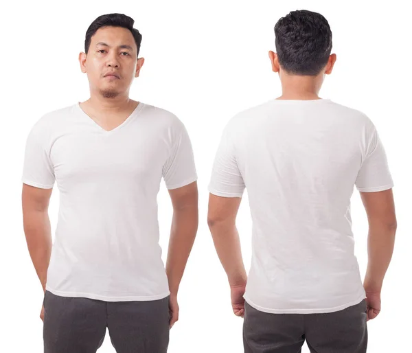 White v-neck t-shirt mock up, front and back view, isolated. Male model wear plain white shirt mockup. V Neck shirt design template. Blank tees for print