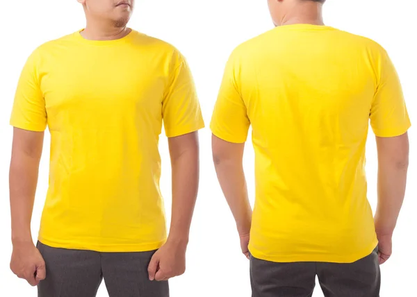 黄色のTシャツのモックアップ フロントとバックビュー 白に隔離された 男性モデルはプレーンイエローのシャツモックアップを着用 Tシャツのデザインテンプレート 空のお茶 Print — ストック写真