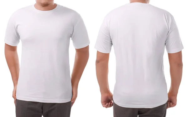 Weißes Shirt Attrappe Vorder Und Rückansicht Isoliert Männliche Models Tragen — Stockfoto