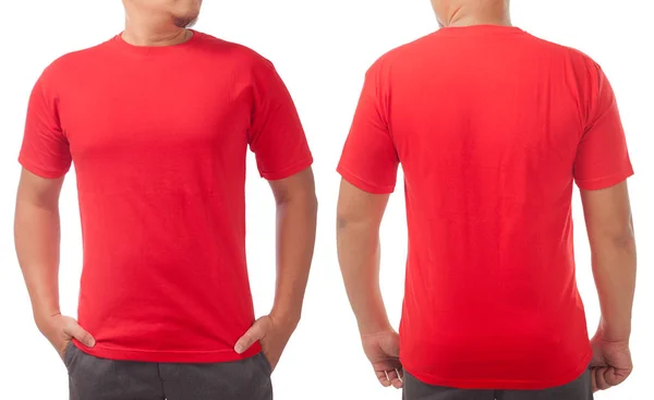 Shirt Vermelha Mock Vista Frontal Traseira Isolado Branco Modelo Masculino — Fotografia de Stock