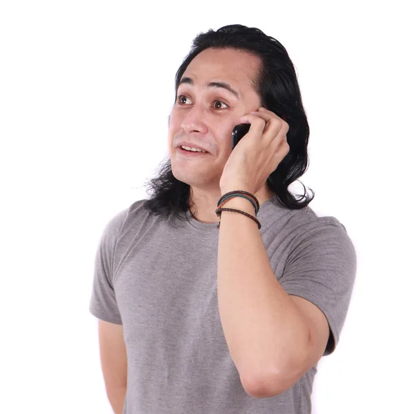 Young Asian Man Long Hair Shocked Worried Expression Phone Isolated — Stock Photo, Image