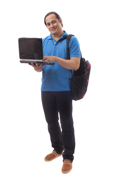 Young Asian Student With Laptop. Smiling Happily — Stock Photo, Image