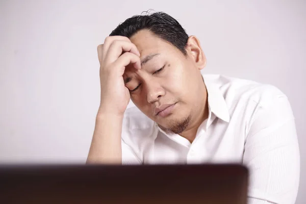 Tired Upset Man Working on Laptop , Bad Negative Emotion