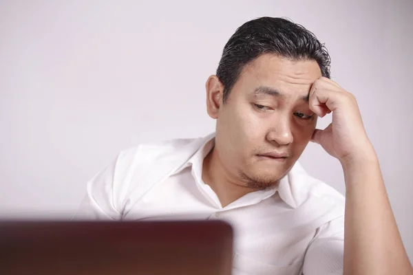 Tired Upset Man Working on Laptop , Bad Negative Emotion