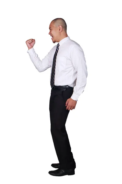 Businessman Shows Winning Gesture, Side View Profile — Stock Photo, Image