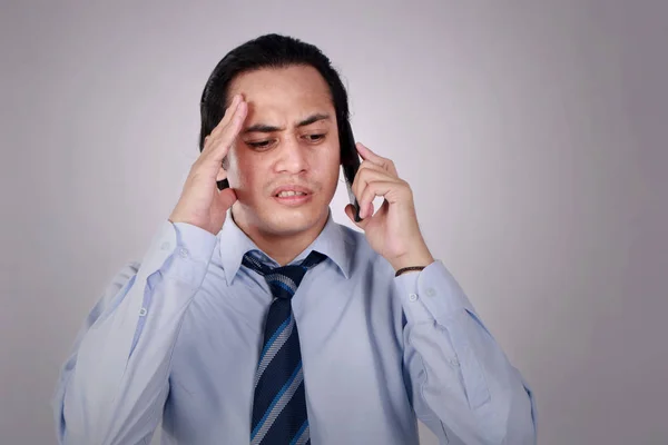 Young Man Talking on Phone, Shocked Worried Expression — Stock Photo, Image