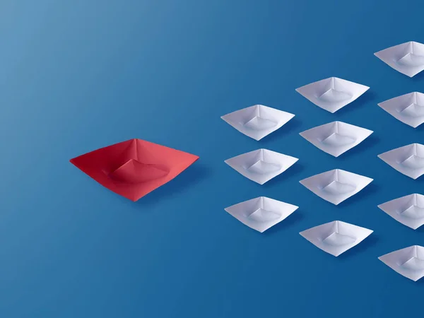 Concepto de Liderazgo, Red Origami Paper Boat Leading Group of Whit — Foto de Stock
