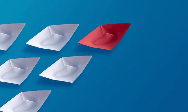 Concepto de Liderazgo, Red Origami Paper Boat Leading Group of Whit — Foto de Stock