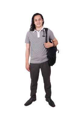 Sırt çantası olan genç Asyalı öğrenci. Mutlu Bir Şekilde Gülümseyerek 