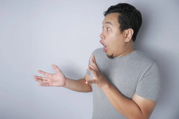 Funny Man Shocked to See Something on his Side, Excited Gesture — Stock Photo, Image