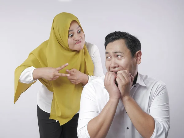 Muslim Couple Having Conflict, Husband Afraid to His Wife Concep — Stok Foto