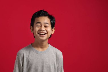 Gri tişörtlü yakışıklı Asyalı çocuğun portresi kameraya bakıyor ve kırmızı arka planda güvenle gülümsüyor.