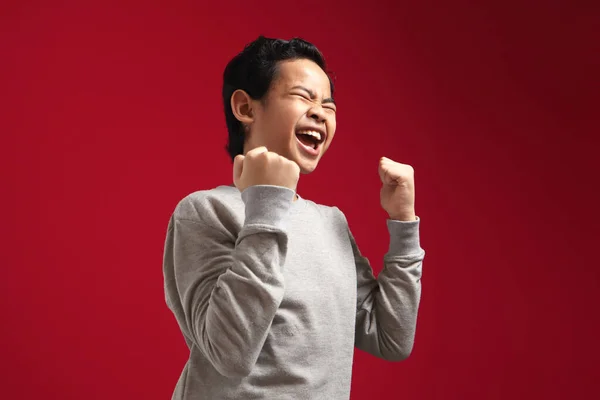 Menino Asiático Vestindo Camisa Cinza Celebrando Sucesso Vitória Mostra Gesto — Fotografia de Stock