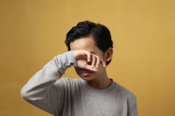 Kleine Aziatische Jongen Student Dragen Grijs Shirt Huilen Hard Verdriet — Stockfoto