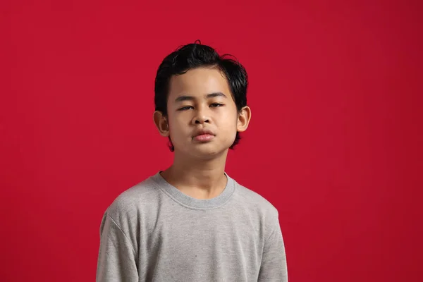 Portret Van Schattig Slim Aziatisch Jongen Dragen Grijs Shirt Kijken — Stockfoto