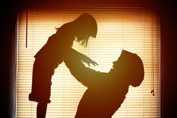 Happy Mother Her Baby Girl Playing Together Sunset Silhouette Mom — Stock Photo, Image