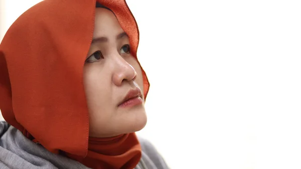 Concerned Sad Asian Muslim Woman Looking Thinking Something Blank Stare — Stock Photo, Image