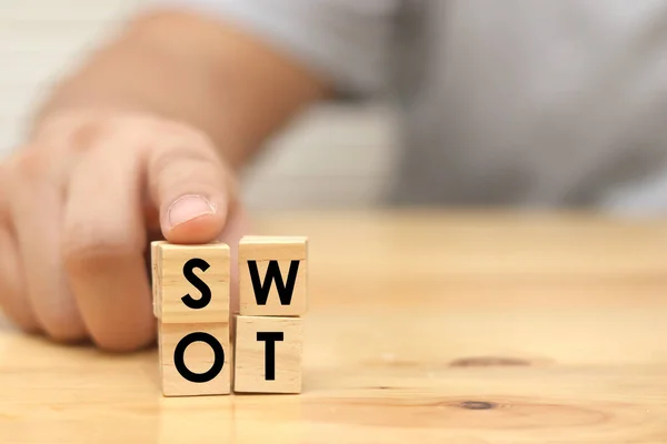 Swot Forza Debolezza Opportunità Minacce Scrittura Blocchi Cubo Legno Tipografia — Foto Stock