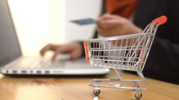 Shopping Online Internet Store Concept Close Mini Shopping Cart Trolley — Stock Photo, Image