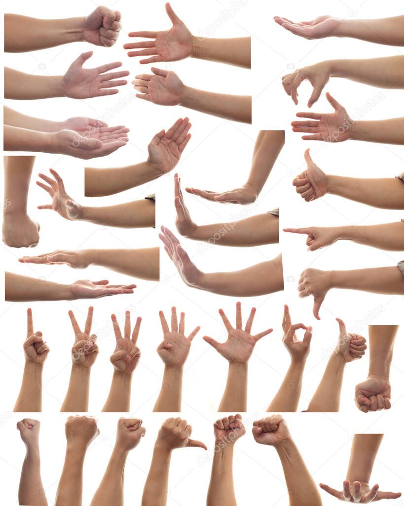 Multiple set of adult person hands gestures isolated on white background, human body part design elements