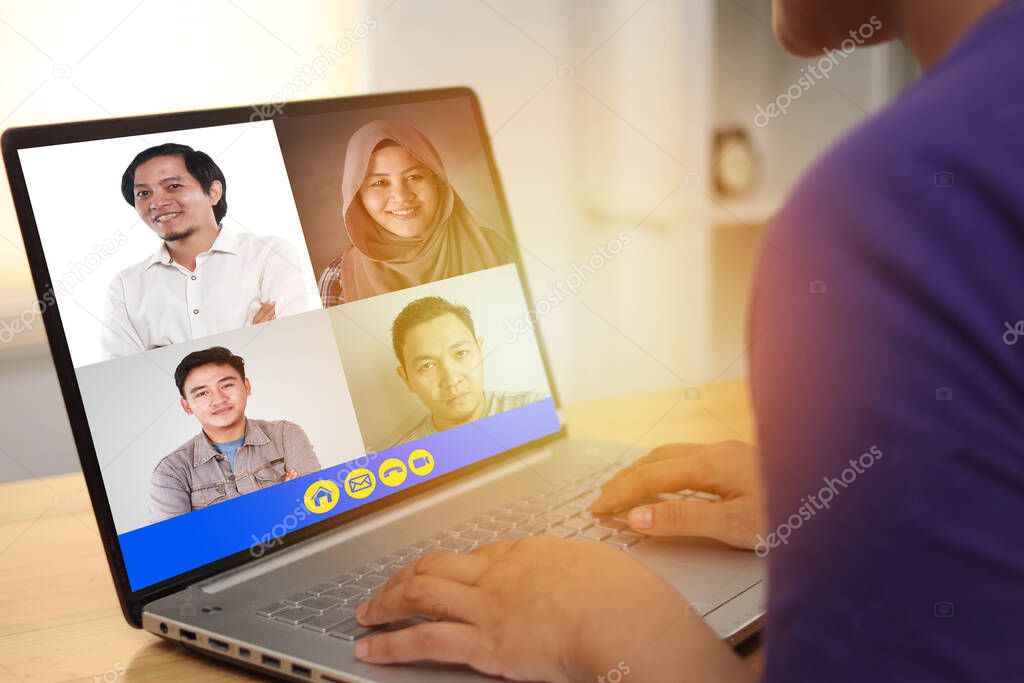 Teleconference during work from home due to coronavirus covid pandemic. Webcam pc screen views during group video call shows people participated in online meeting, new normal