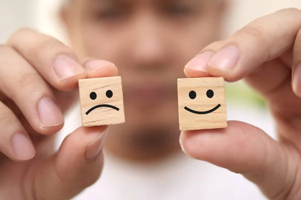 Life Choice Happy Sad Concept Man Holding Wooden Block Happy — Stock Photo, Image