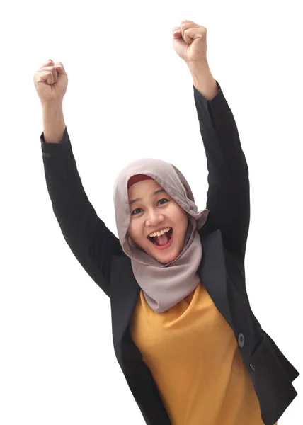 Asiatica Musulmana Donna Affari Indossa Hijab Sorridente Urlando Alzando Mani — Foto Stock