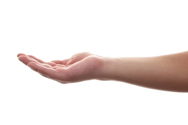 Ręczny Gest Otwiera Się Jak Trzymanie Czegoś Dłoni Odizolowanego Białym — Zdjęcie stockowe