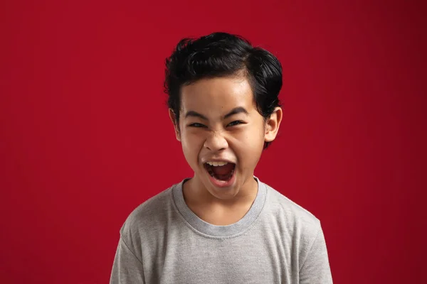 Portret Van Boze Aziatische Jongen Schreeuwen Luid Ondeugende Rebel School — Stockfoto