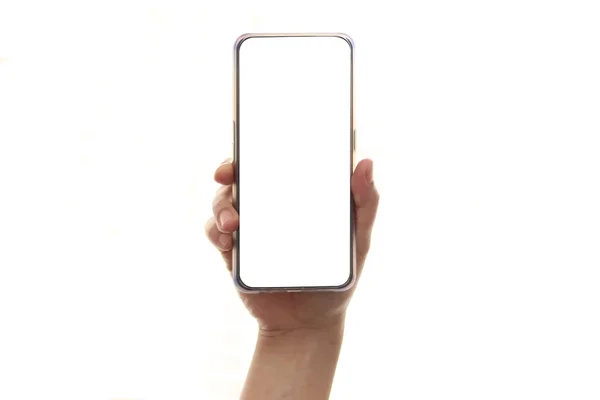 Zbliżenie Osoby Dorosłej Hand Hold Phone Izolowany Białym Makieta Smartphone — Zdjęcie stockowe