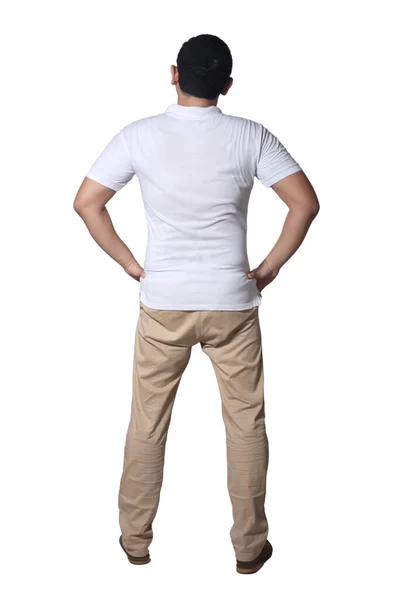 Visão Traseira Homem Homem Camisa Branca Casual Jeans Cáqui Parte — Fotografia de Stock