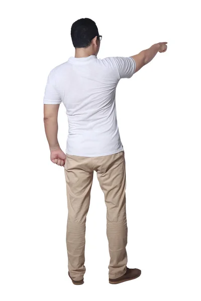 Hombre Joven Con Camisa Blanca Casual Vaqueros Caqui Mirando Señalando — Foto de Stock