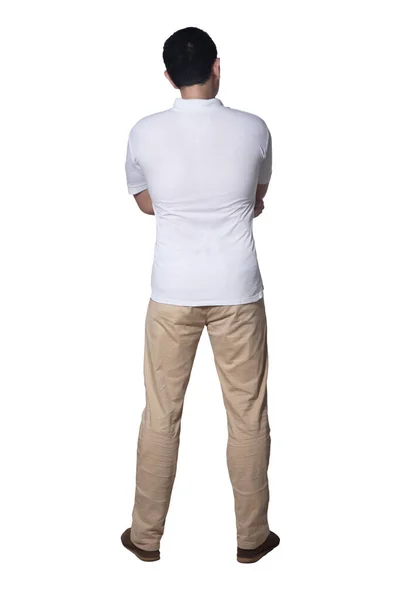 Vista Trasera Hombre Hombre Con Camisa Blanca Casual Jeans Caqui —  Fotos de Stock