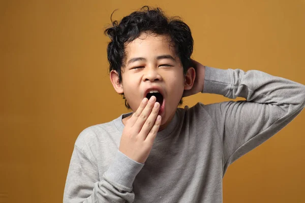 Joven Chico Asiático Soñoliento Bostezo Cansado Gesto Agotado Suficiente Para — Foto de Stock