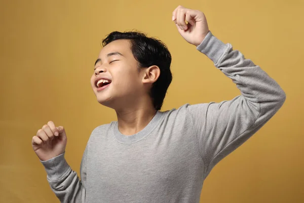 Retrato Feliz Sucesso Sorrindo Menino Asiático Mostra Gesto Vencedor Celebrando — Fotografia de Stock