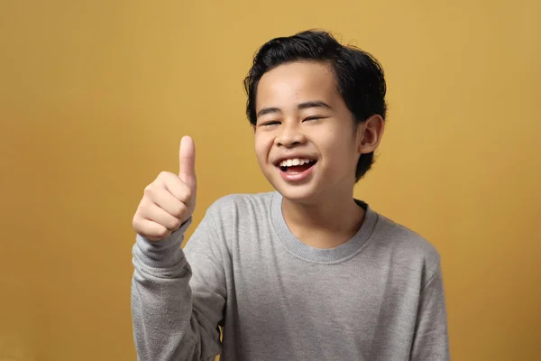 Feliz Chico Asiático Sonriendo Cámara Mostrando Pulgar Hacia Arriba Buen — Foto de Stock