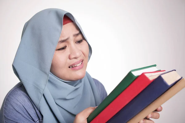 Portrait Cute Asian Muslim Woman Sick Tired Reading Too Much — Stock Photo, Image