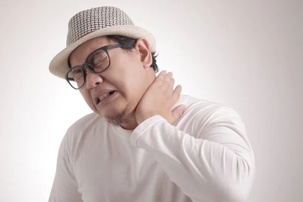 Joven Asiático Con Camisa Blanca Con Dolor Cuello Retrato Corporal —  Fotos de Stock