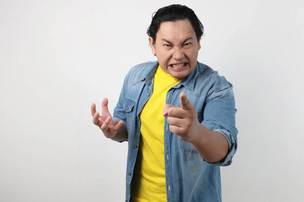 Portrait Asian Man Showing Cynical Unhappy Angry Facial Expression Pointing — Stock Photo, Image