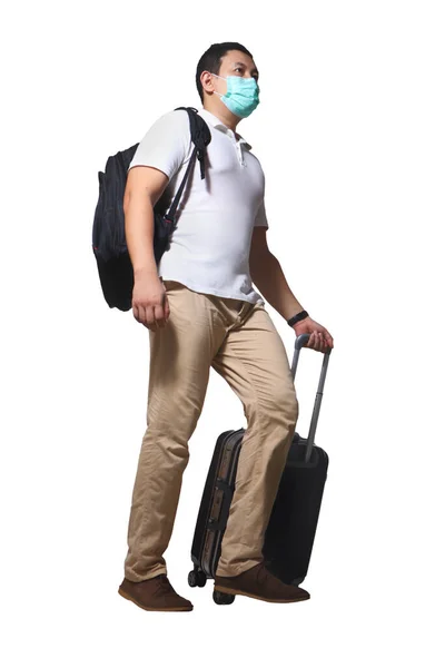 Asian Man Traveler Face Mask Walking Drag His Suitcase Luggage — Stock Photo, Image