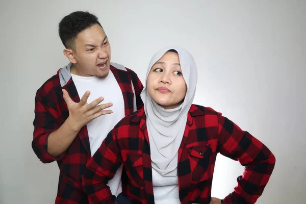 Portrét Asijského Muslimského Manželského Páru Jak Hádají Hádají Špatný Vztah — Stock fotografie
