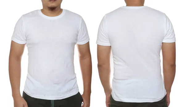 白いTシャツのモックアップ フロントとバックビュー 隔離された 男性モデルは無地の白いシャツのモックアップを着用 Tシャツのデザインテンプレート 空のお茶 Print — ストック写真