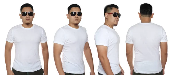 白のTシャツ 側と後ろのビューをモックし 隔離された 男性モデルは無地の白いシャツのモックアップを着用 Tシャツデザインテンプレート Print — ストック写真