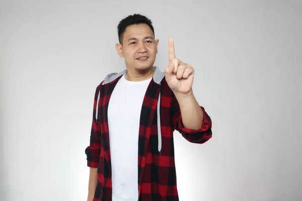 Portrait Jeune Homme Asiatique Pressant Vide Concept Bouton Virtuel Avec — Photo