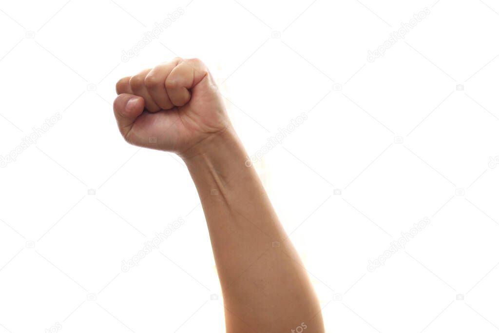 Punch, hand fists knuckle, hand hitting raised up isolated on white