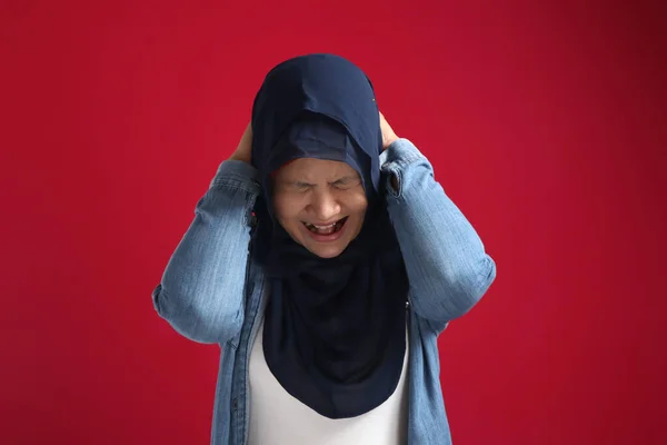 Portrait Muslim Lady Wearing Red Hijab Having Headache Migraine Chronic — Stock Photo, Image