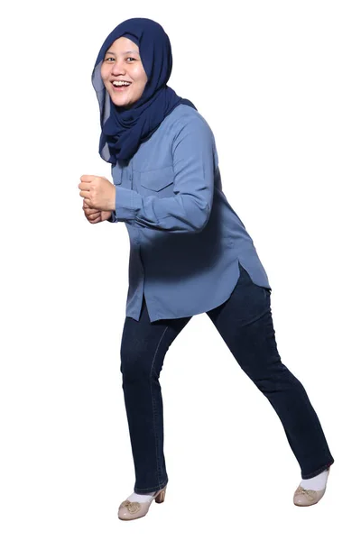 Mulher Asiática Muçulmana Empresária Pronta Para Conceito Ação Começar Correr — Fotografia de Stock