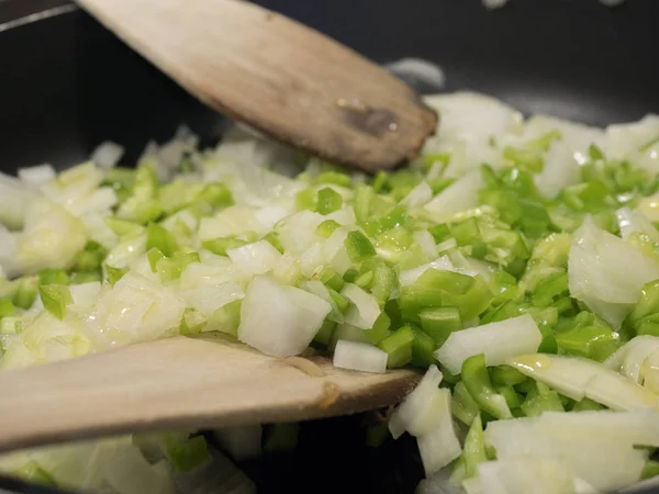 Cipolla Pepe Verde Fritti Padella — Foto Stock